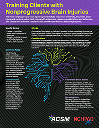 Infographic: Training Clients with Nonprogressive Brain Injuries. Includes info and training considerations for cerebral palsy, stroke and traumatic brain injury